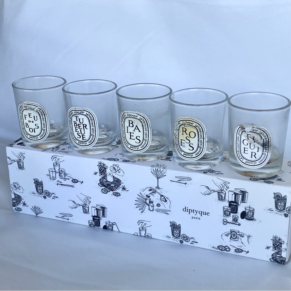 Used Empty Diptyque Paris Set of Five Mini Candle Holders Glass & Empty Gift Box